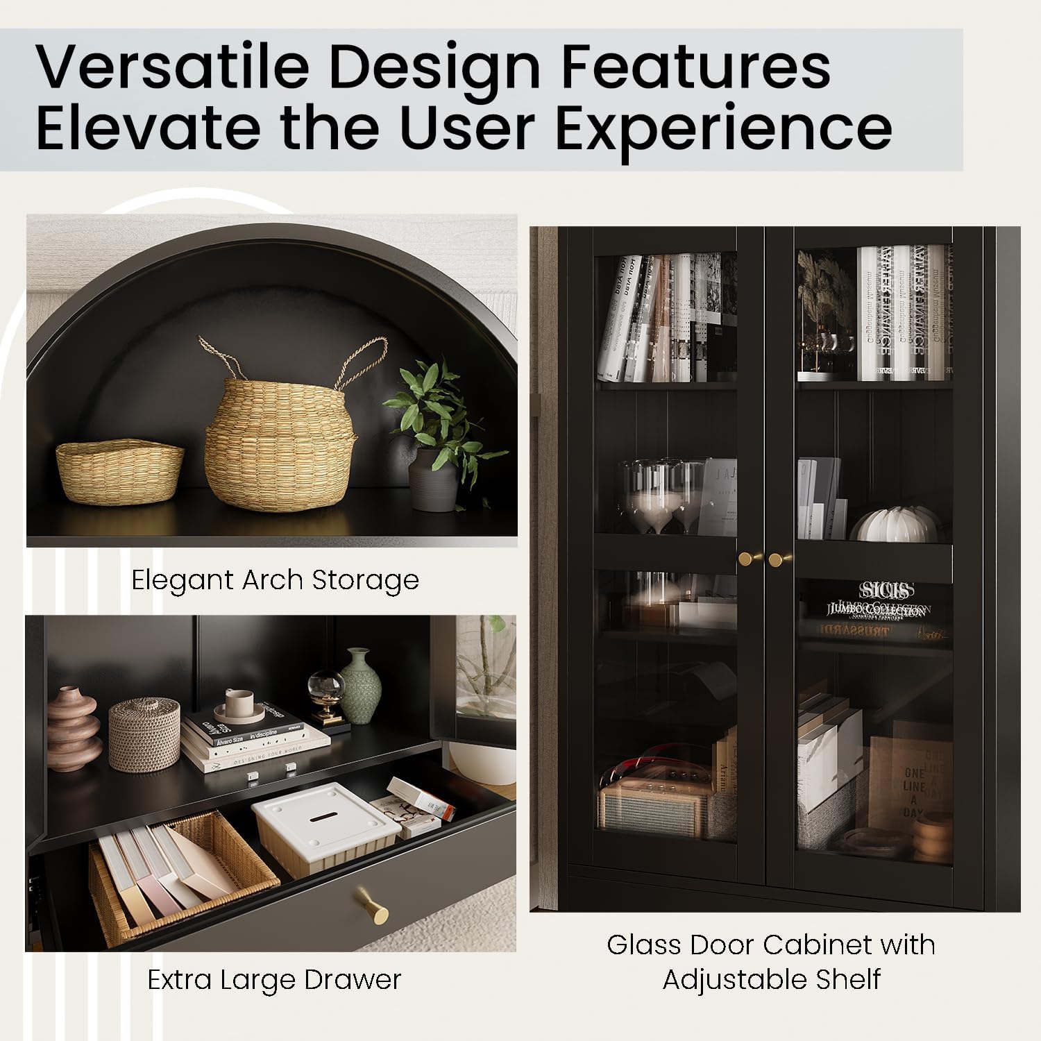 AECOJOY 73'' Arched Metal Bookcase Cabinet, Modern Kitchen Pantry with Glass Door, Drawer & Adjustable Shelves