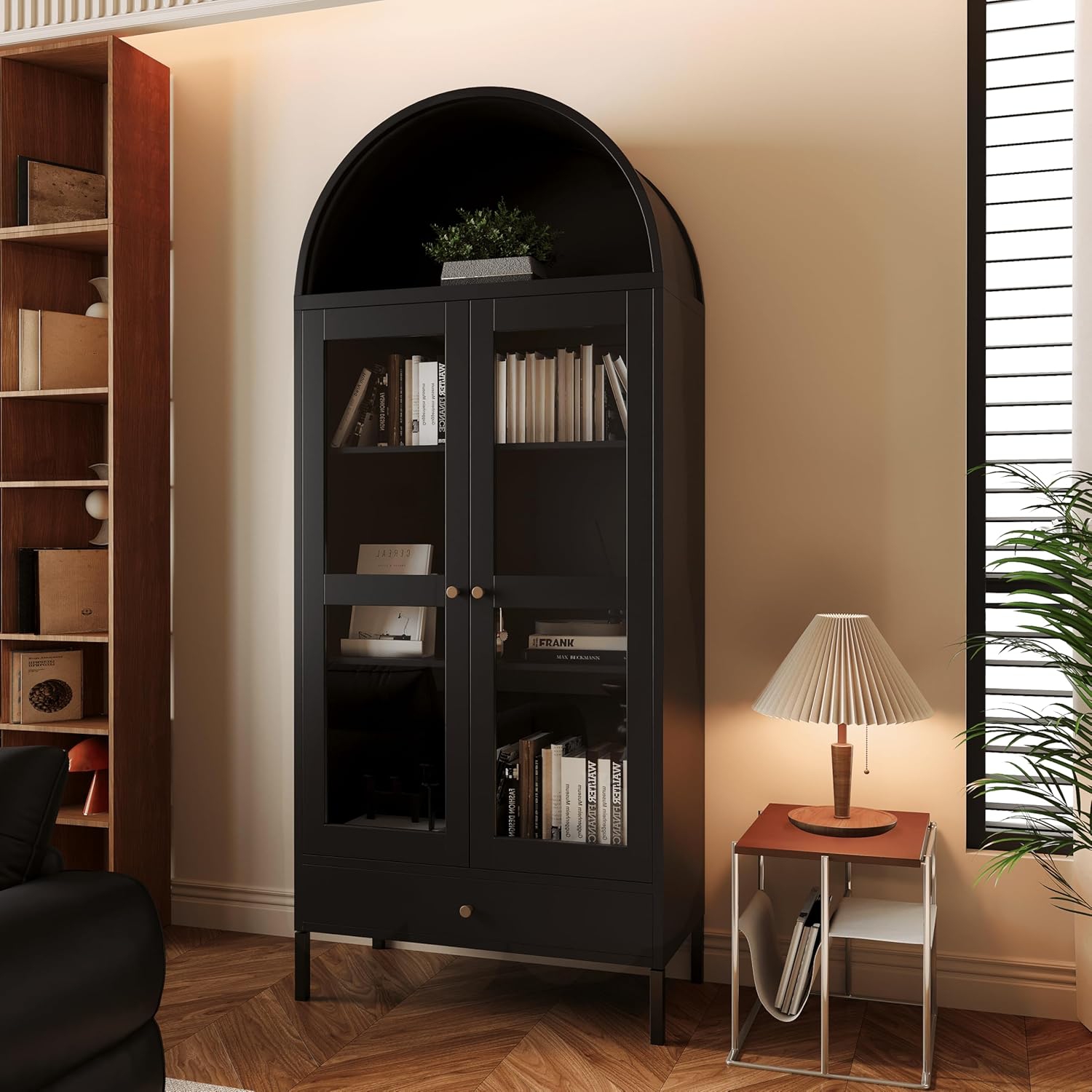 AECOJOY 73'' Arched Metal Bookcase Cabinet, Modern Kitchen Pantry with Glass Door, Drawer & Adjustable Shelves
