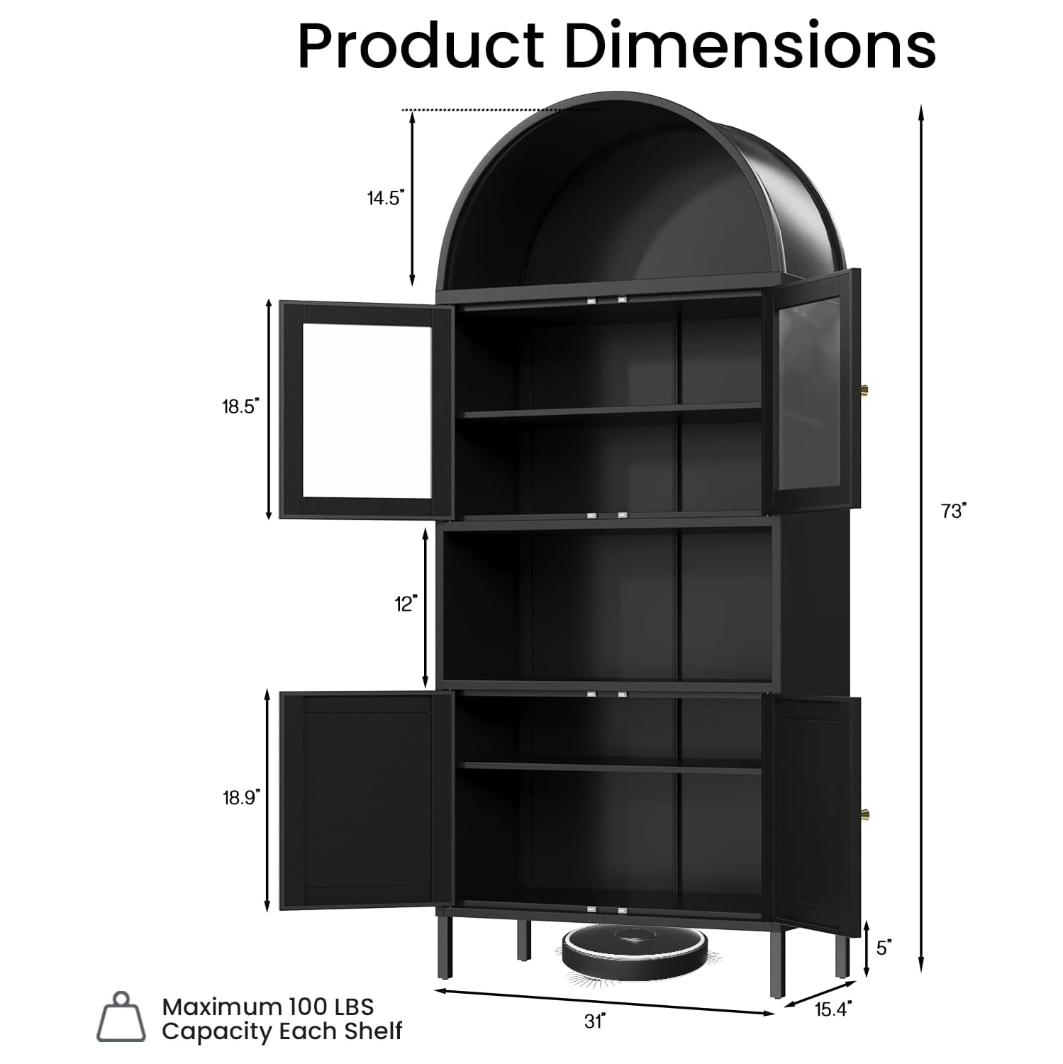 AECOJOY – Armoire de présentation à étagère arquée en métal de 73 po, garde-manger moderne avec porte en verre et tablettes réglables