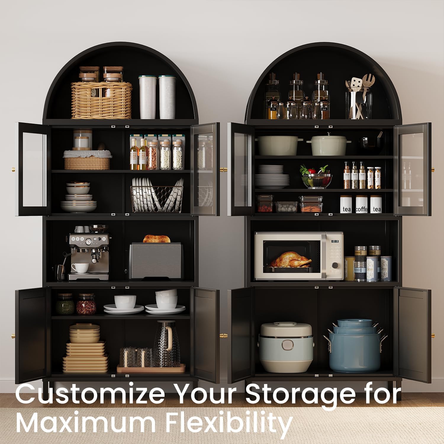 AECOJOY – Armoire de présentation à étagère arquée en métal de 73 po, garde-manger moderne avec porte en verre et tablettes réglables