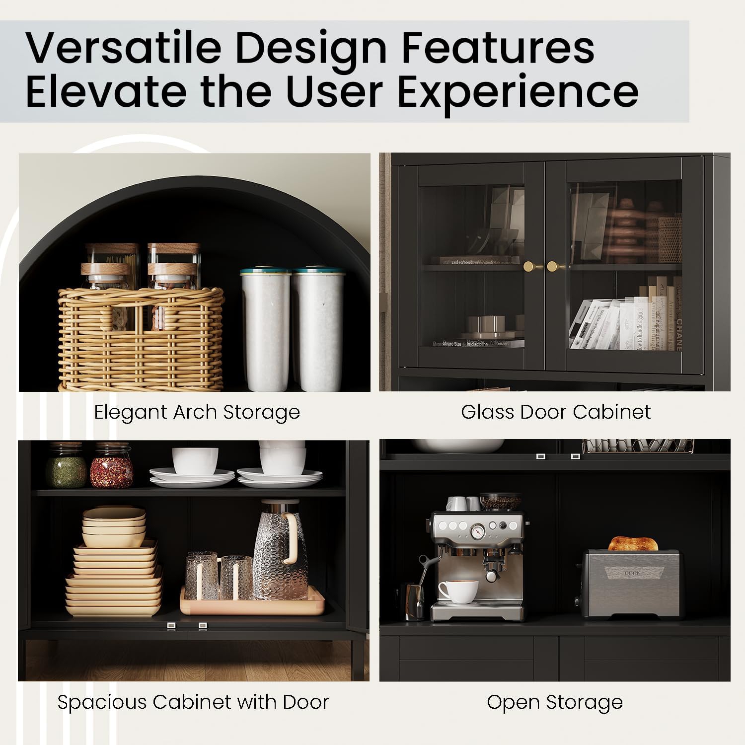 AECOJOY – Armoire de présentation à étagère arquée en métal de 73 po, garde-manger moderne avec porte en verre et tablettes réglables