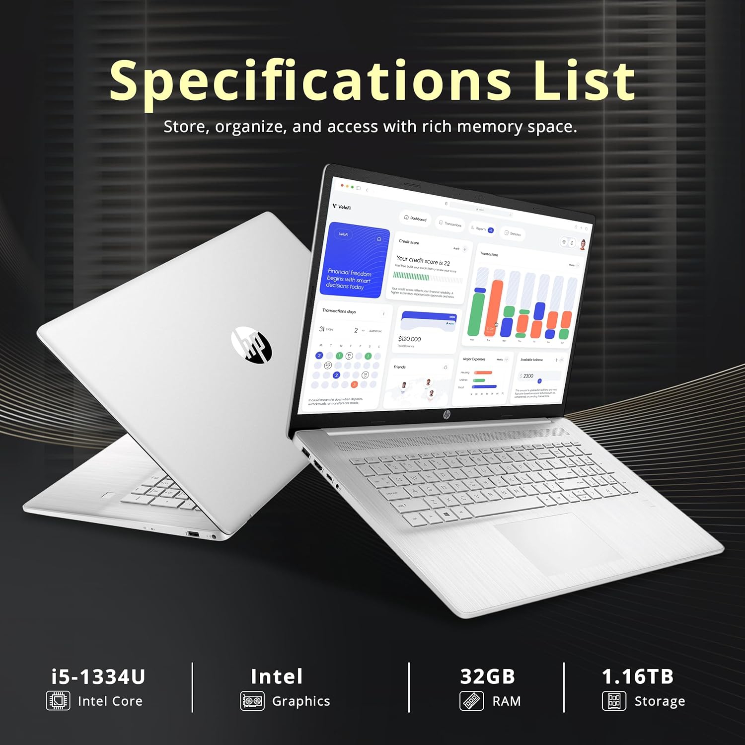 HP 17.3" FHD IPS Laptop, Intel i5-1334U,1.16TB Storage,32GB RAM,Iris Xe Graphics, Backlit Keyboard, Fingerprint, Wi-Fi 6, Win 11 Pro, Silver