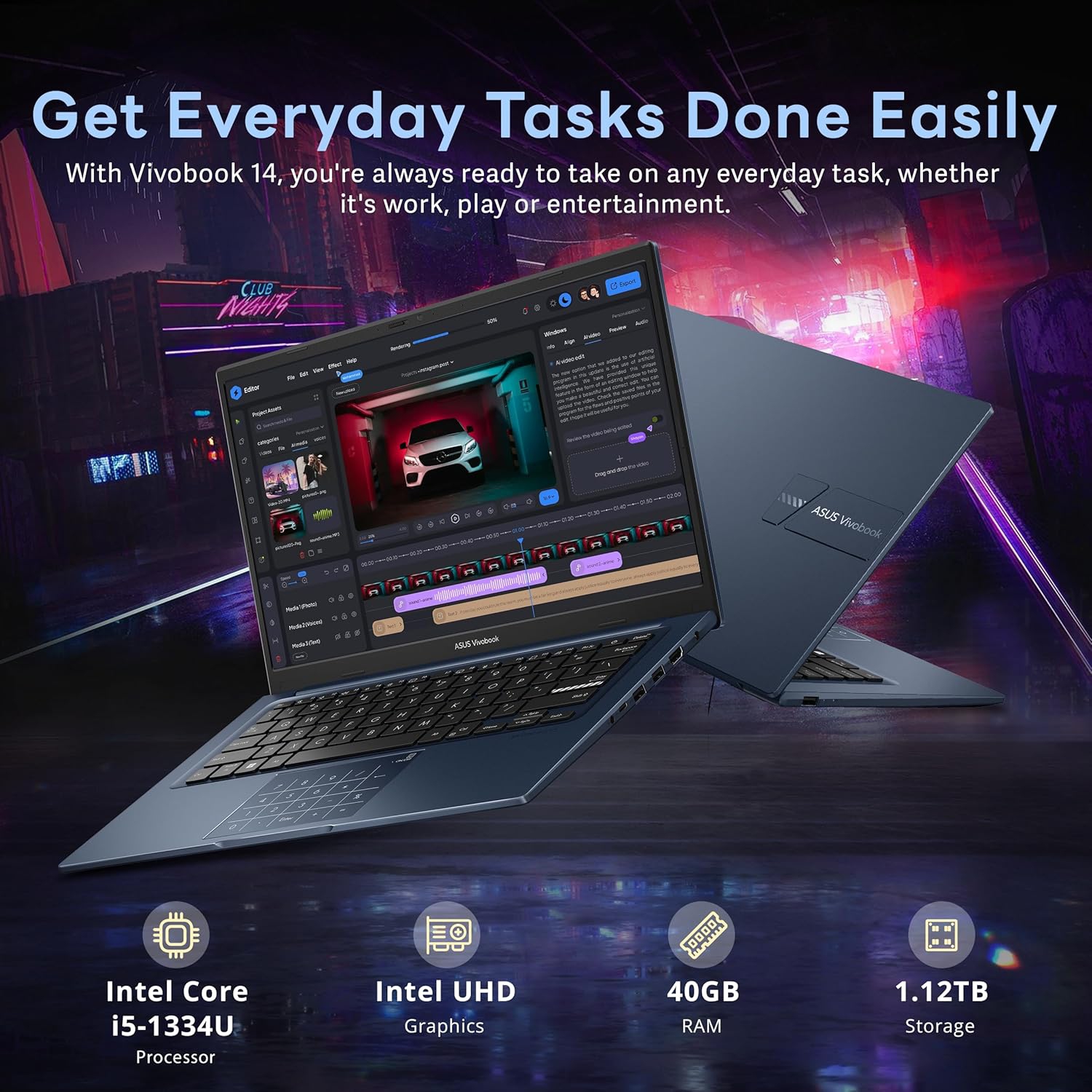 ASUS Vivobook 14 14" FHD Laptop, Intel I5-1334U, 1.12TB Storage, 40GB RAM,Intel UHD Graphics,Bluetooth, Windows 11 Home, Quiet Blue