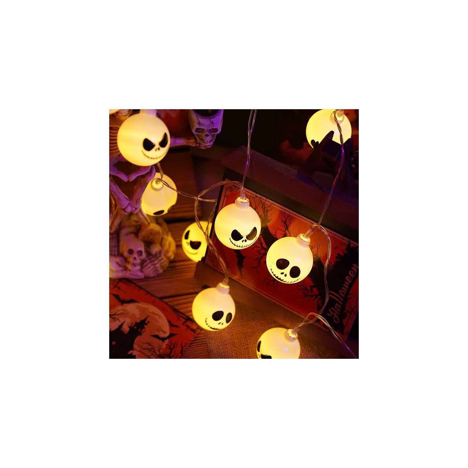 Guirlande de 20 lumières LED à visage fantôme, visage fantôme drôle, forme de crâne fantôme, à piles, lumière d'ambiance décorative intérieure et