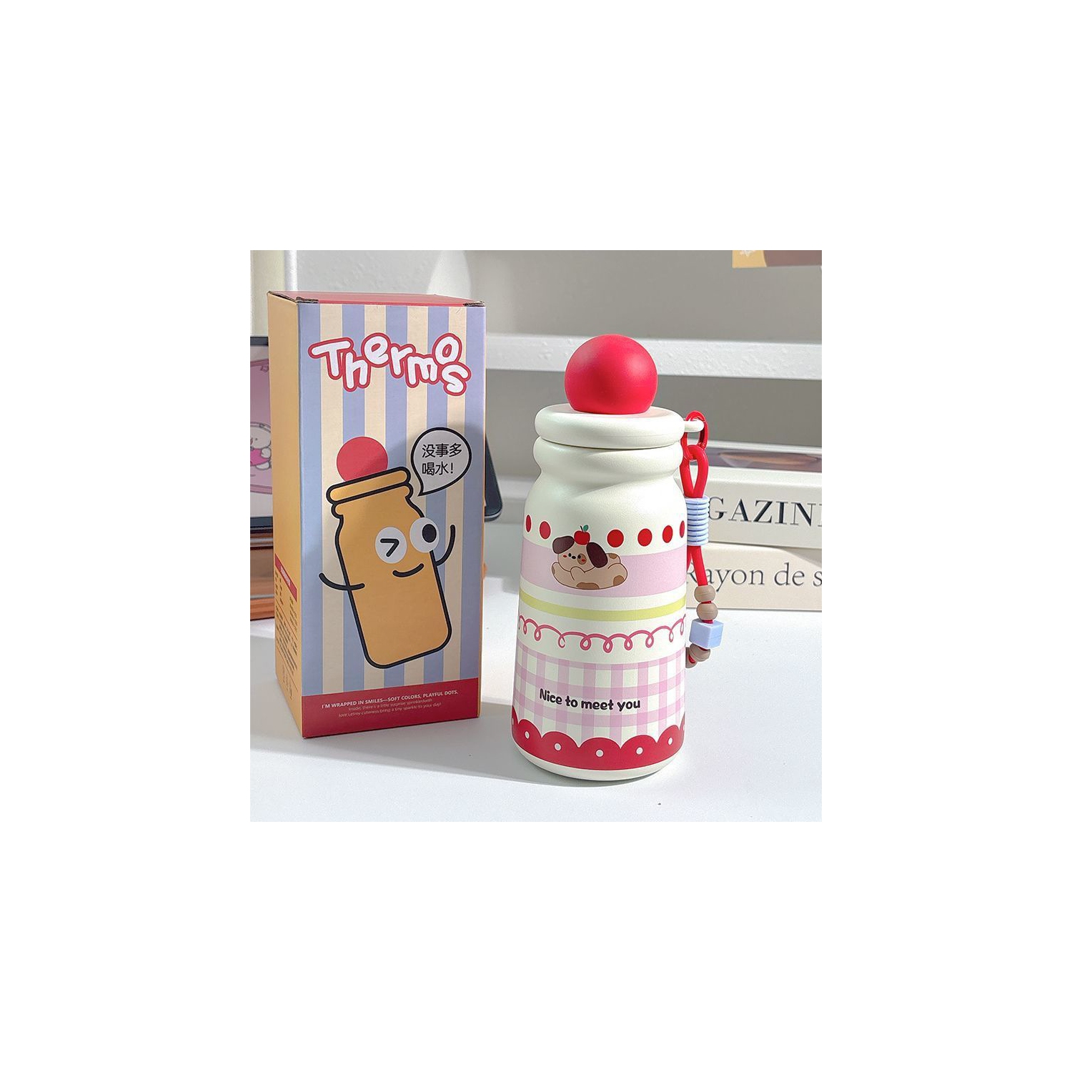 ins new earth cup cartoon straw water cup student portable cute 316 stainless steel insulation cup ball cup -Red