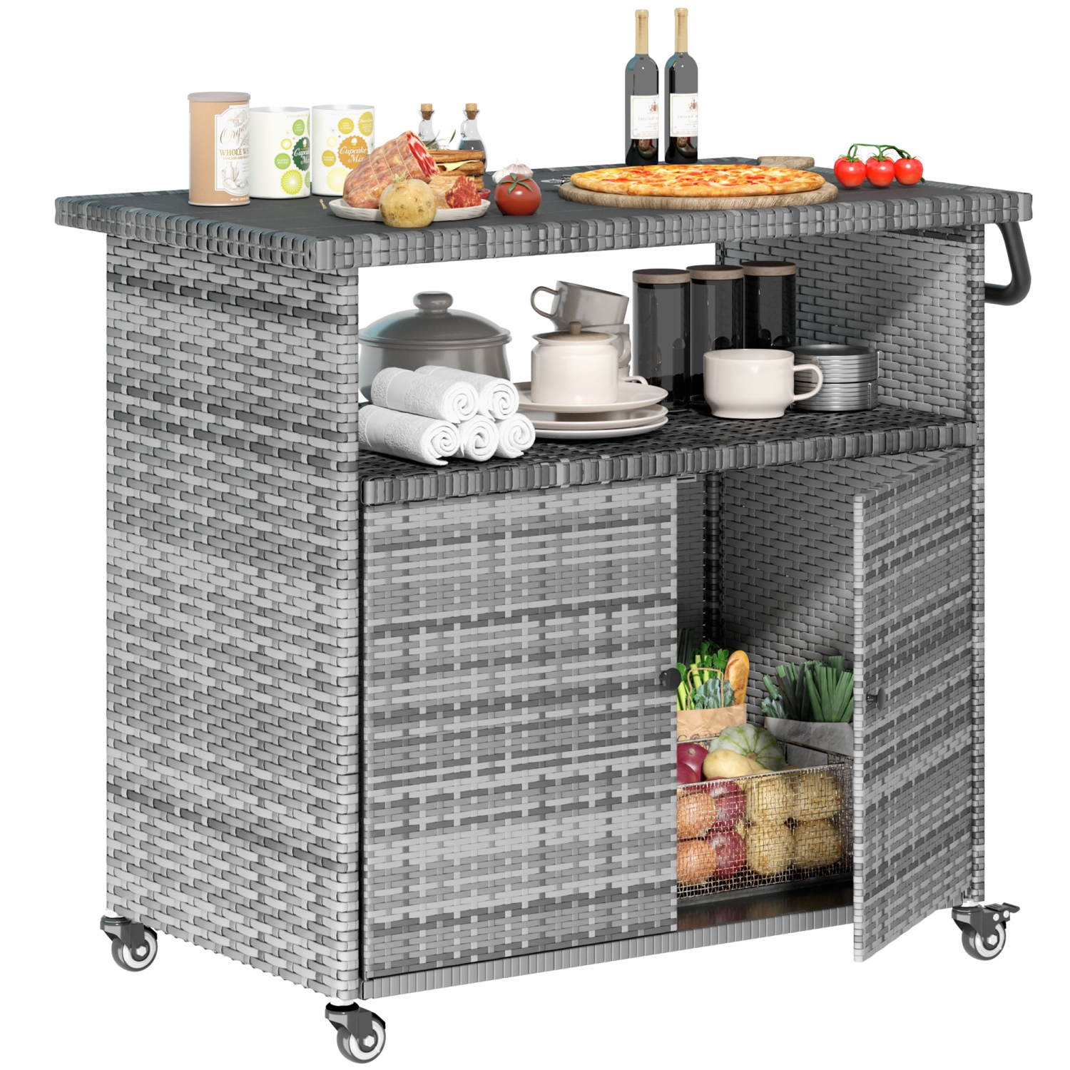 AECOJOY Outdoor Kitchen Islands & Carts, Patio Bar Table with Rounded Handle, Rolling Wicker Storage Cabinet for Backyard