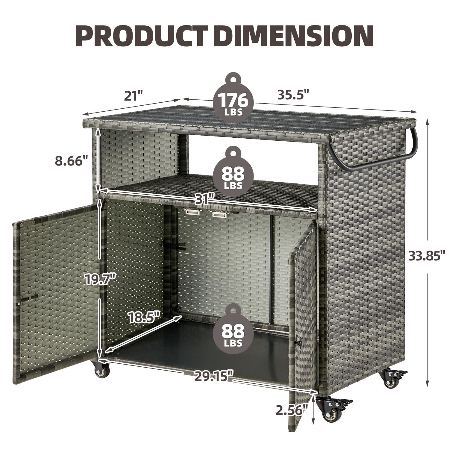 AECOJOY Outdoor Kitchen Islands & Carts, Patio Bar Table with Rounded Handle, Rolling Wicker Storage Cabinet for Backyard