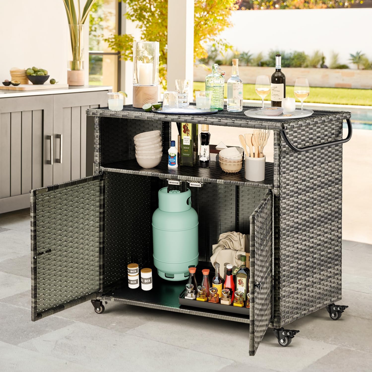 AECOJOY Outdoor Kitchen Islands & Carts, Patio Bar Table with Rounded Handle, Rolling Wicker Storage Cabinet for Backyard