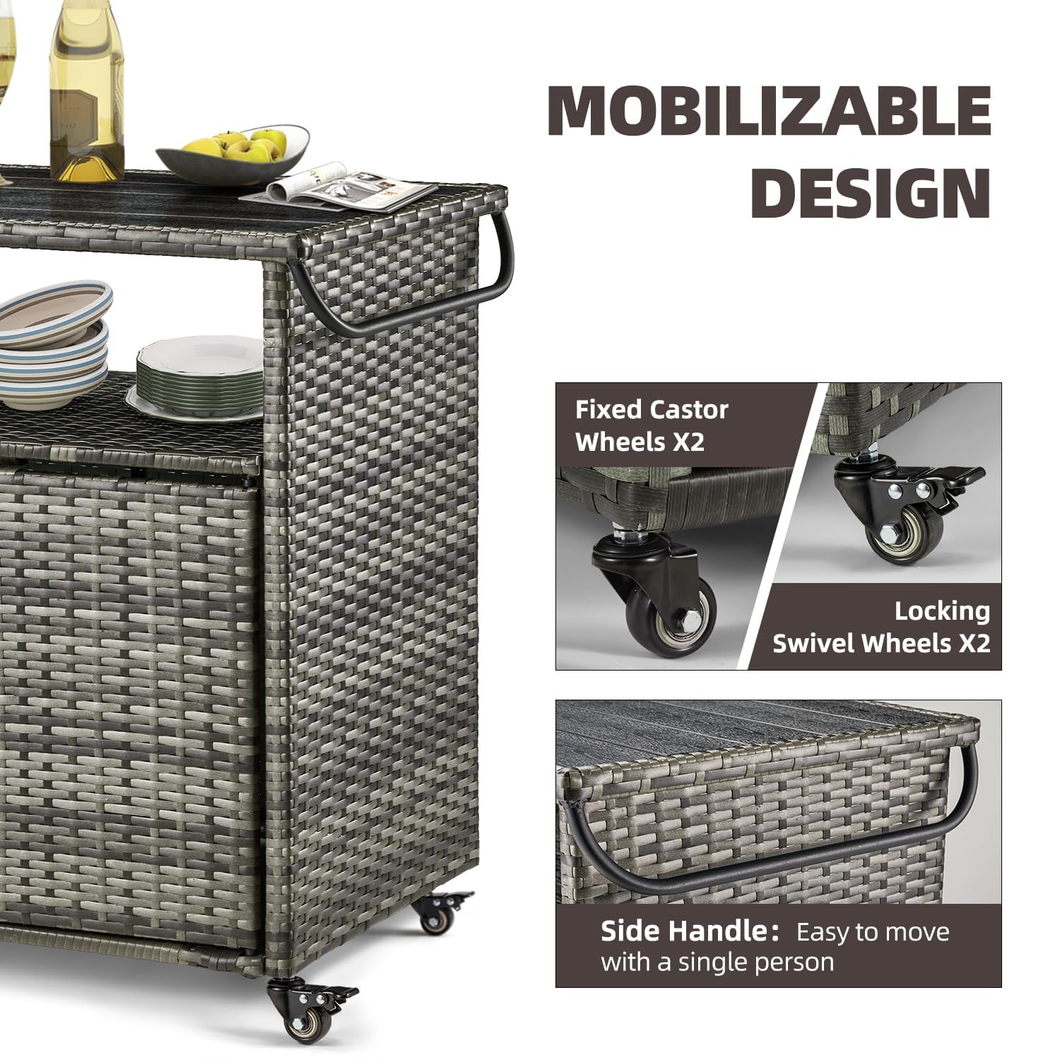 AECOJOY Outdoor Kitchen Islands & Carts, Patio Bar Table with Rounded Handle, Rolling Wicker Storage Cabinet for Backyard