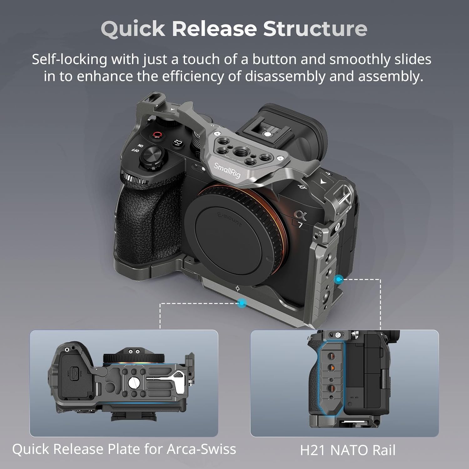 Trousse SMALLRIG Cage pour Sony Alpha 7R V/Alpha 7 IV/Alpha 7S III, cage d'appareil photo avancée à dégagement rapide HawkLock avec poignée, support