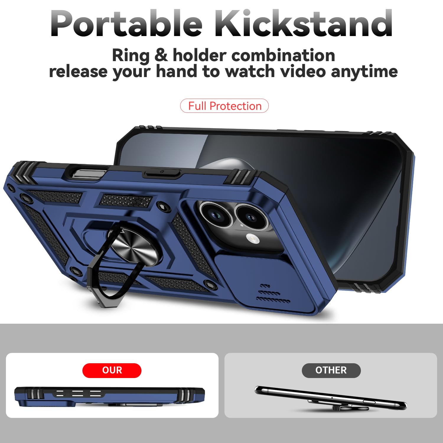 iPhone 17 Heavy Duty Military Grade Protection Phone Case with Slide Camera Cover and Ring Magnetic Car Stand Shockproof Cover for iPhone 17 6.3 inch