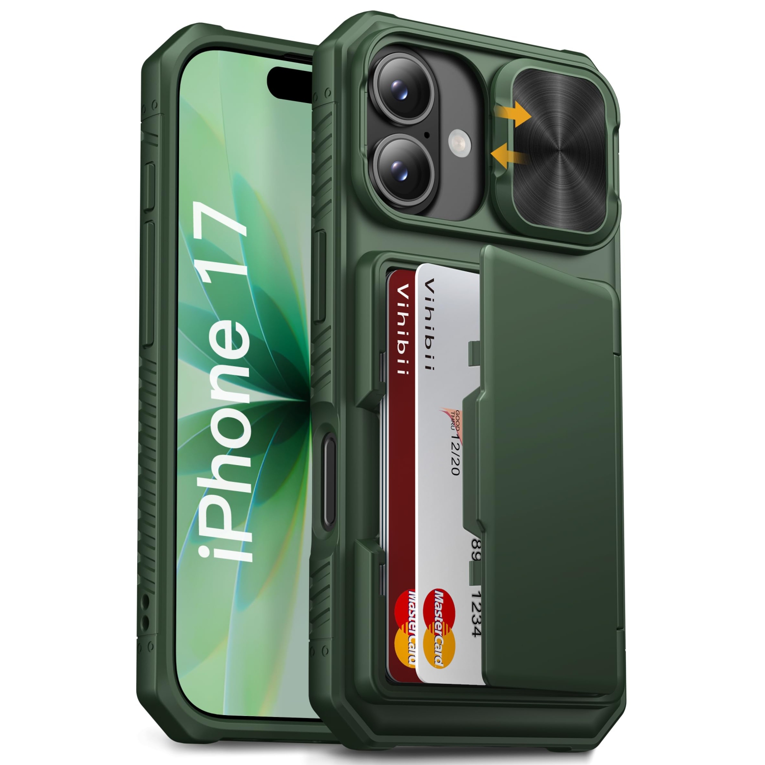 iPhone 17 Case with Card Holder RFID Blocking & Slide Camera Cover, Military Grade Drop Protection, Rugged Hard Back & Silicone Edge Wallet Phone