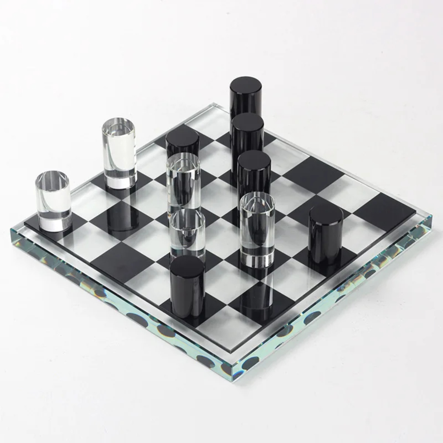 Ensemble d'échecs en verre de luxe – Pièces cylindriques modernes transparentes et noires avec échiquier en verre 27 x 27&nbsp;cm Cadeau pour une