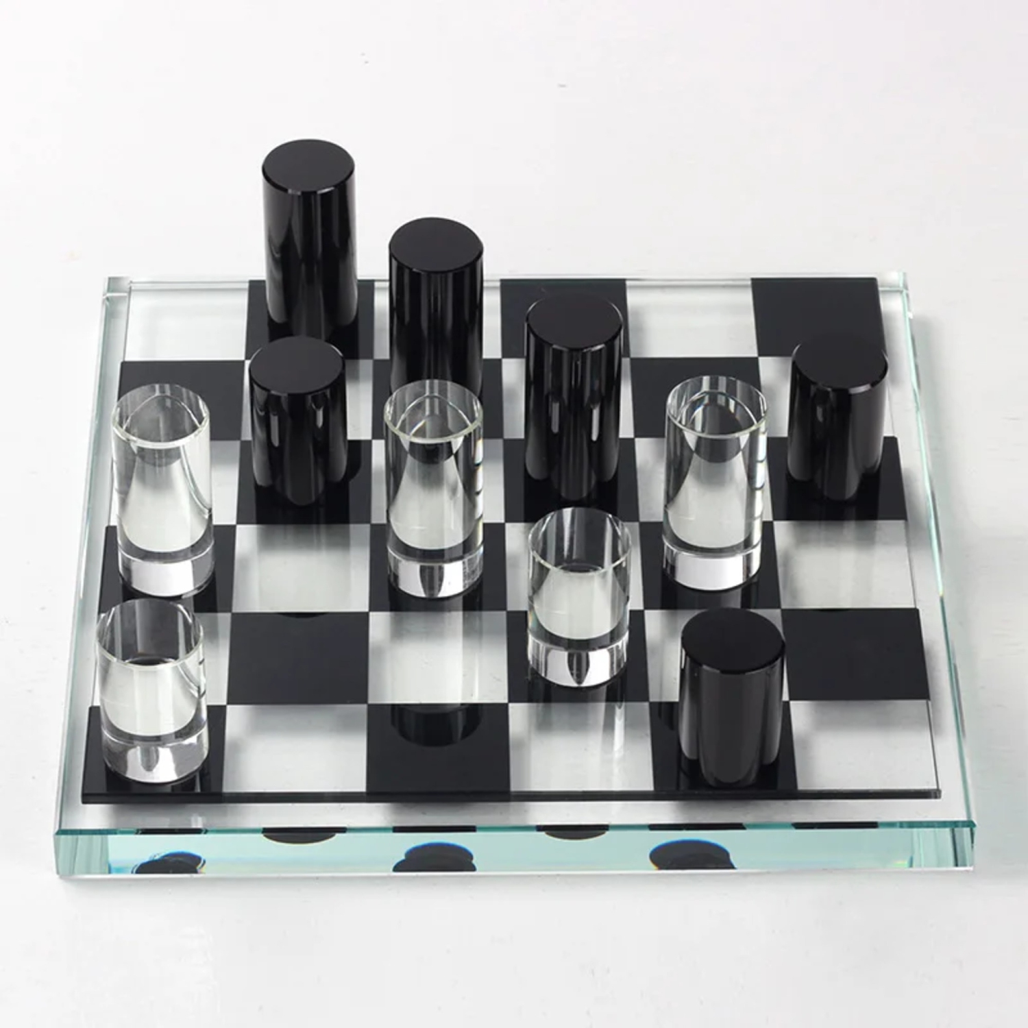 Ensemble d'échecs en verre de luxe – Pièces cylindriques modernes transparentes et noires avec échiquier en verre 27 x 27&nbsp;cm Cadeau pour une