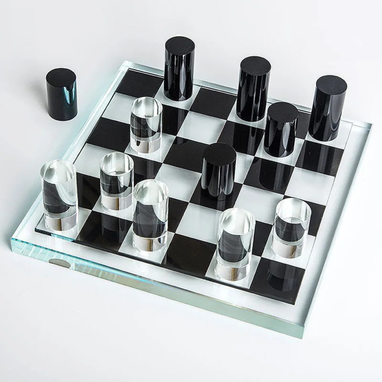 Ensemble d'échecs en verre de luxe – Pièces cylindriques modernes transparentes et noires avec échiquier en verre 27 x 27&nbsp;cm Cadeau pour une