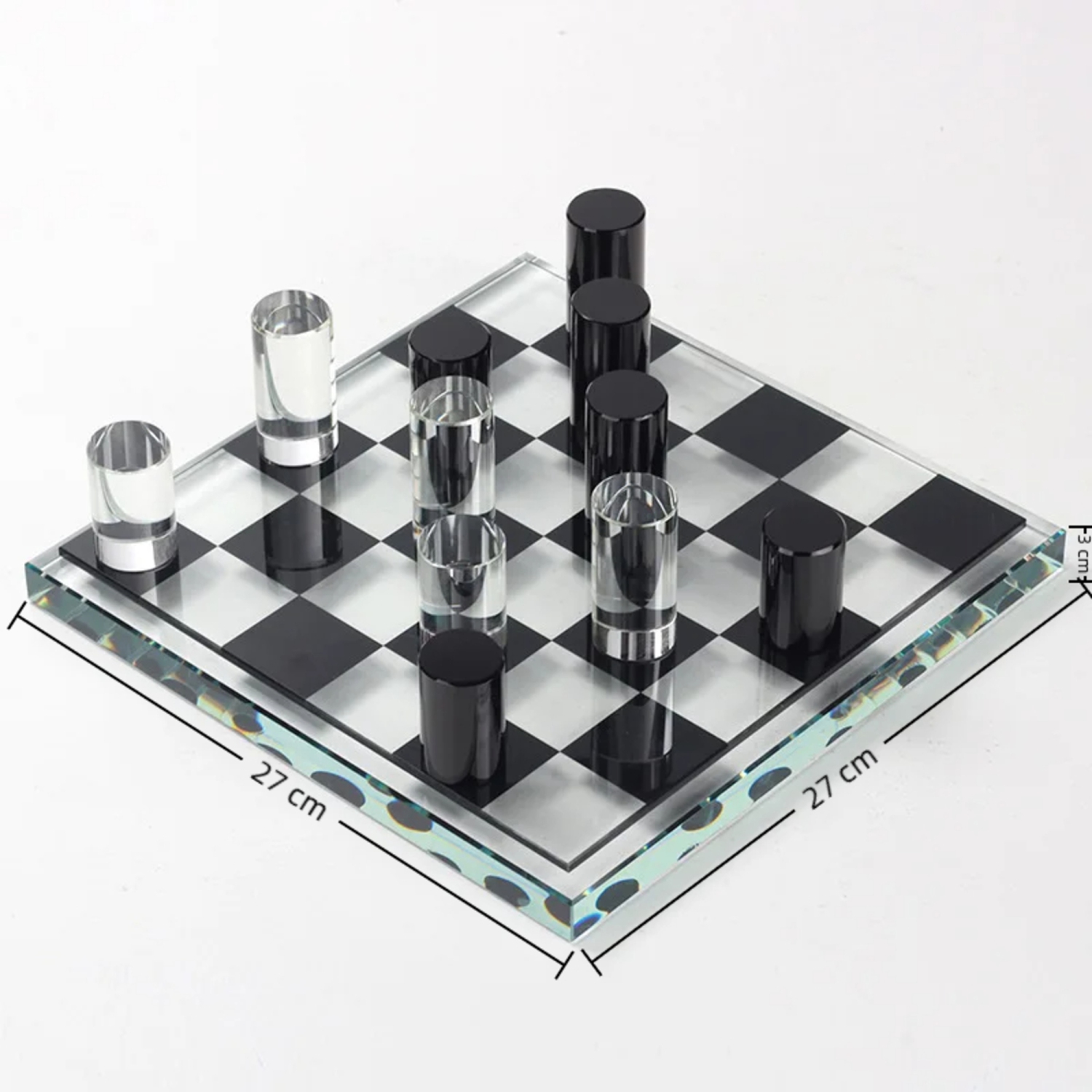 Ensemble d'échecs en verre de luxe – Pièces cylindriques modernes transparentes et noires avec échiquier en verre 27 x 27&nbsp;cm Cadeau pour une