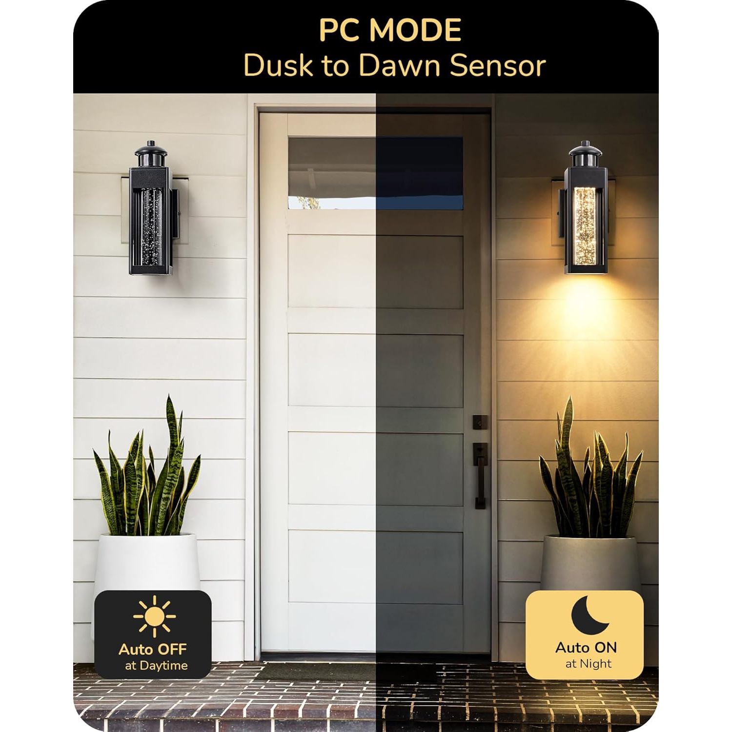 Lumières à DEL pour mur extérieur EDISHINE 2, éclairage avant pour porche avec capteur de mouvement et de photocellule, verre cristal à bulles,