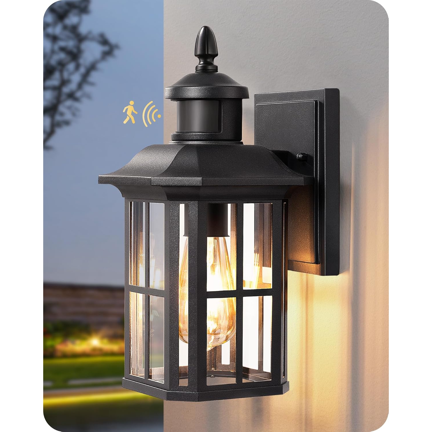 Applique murale d'extérieur noire à détecteur de mouvement de EDISHINE avec verre transparent, applique pour porte d'entrée, garage, patio ou jardin