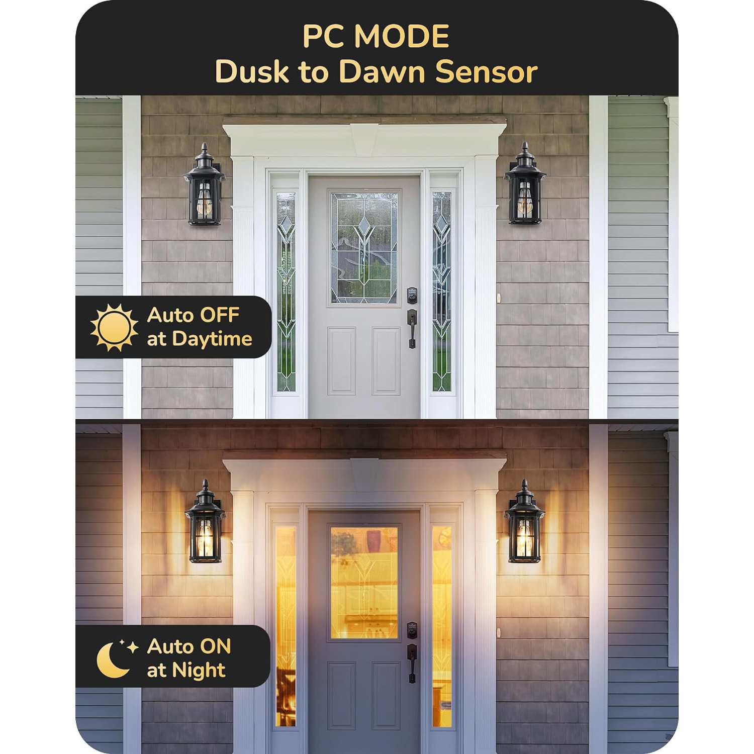 Applique murale d'extérieur noire à détecteur de mouvement de EDISHINE avec verre transparent, applique pour porte d'entrée, garage, patio ou jardin