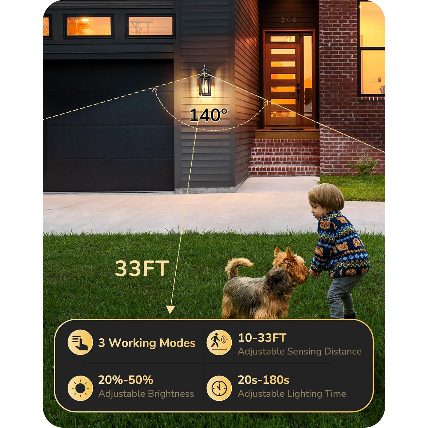 Applique murale d'extérieur noire à détecteur de mouvement de EDISHINE avec verre transparent, applique pour porte d'entrée, garage, patio ou jardin