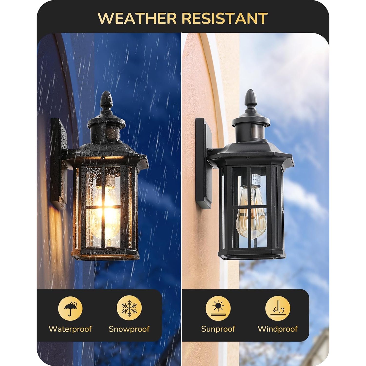 Applique murale d'extérieur noire à détecteur de mouvement de EDISHINE avec verre transparent, applique pour porte d'entrée, garage, patio ou jardin