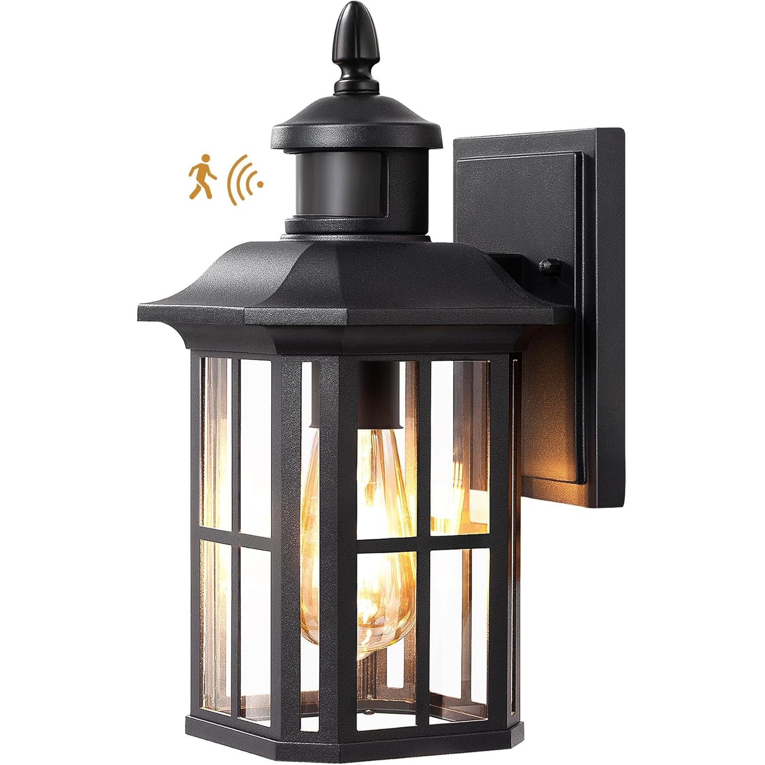 Applique murale d'extérieur noire à détecteur de mouvement de EDISHINE avec verre transparent, applique pour porte d'entrée, garage, patio ou jardin