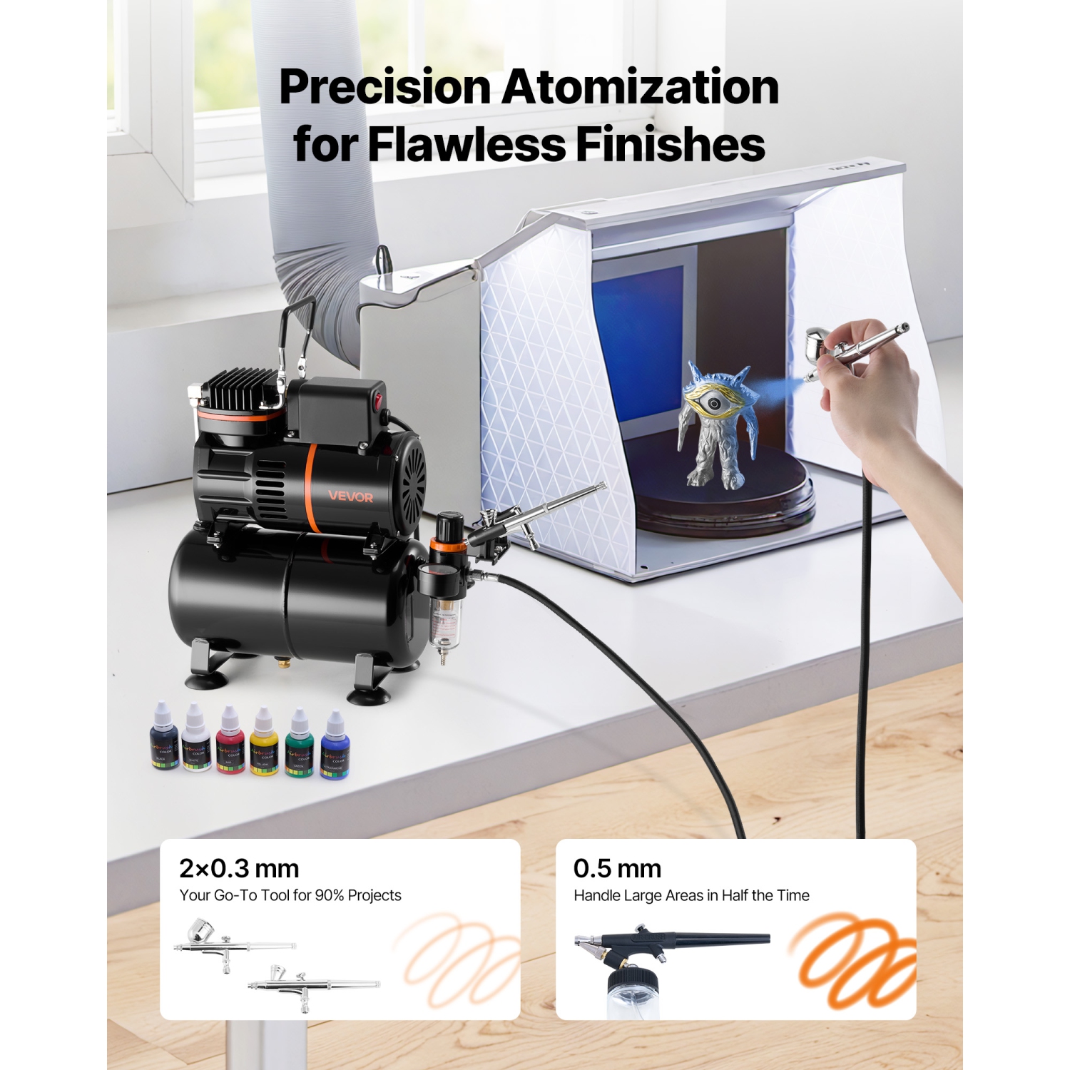 Kit d'aérographe, 1/6 HP, Kit d'aérographe avec compresseur d'air et réservoir, 3 Airbrush Professional à double action avec 3 embouts