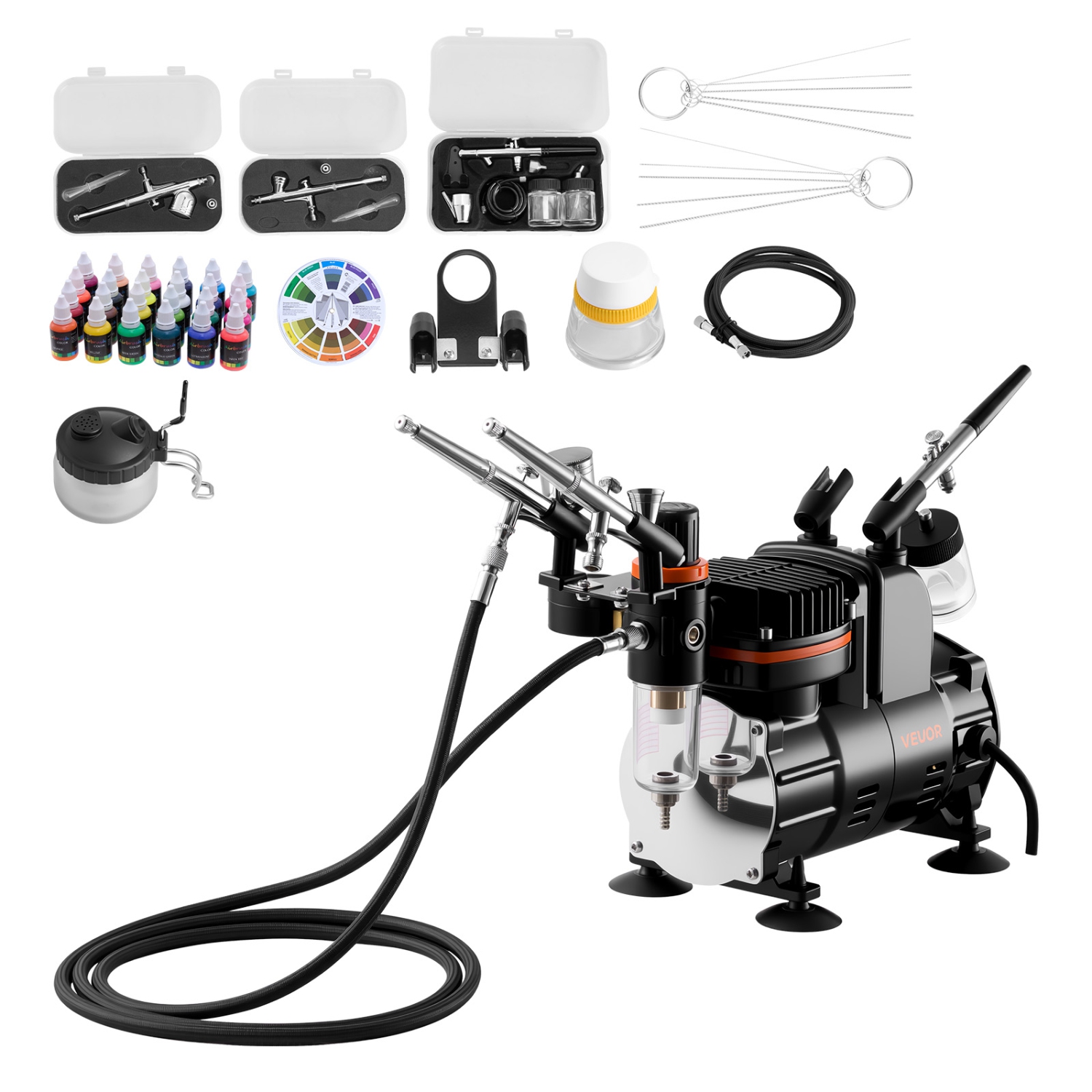 Airbrush Kit, 1/6 HP, 3 Tips，Air Brush Kit with Air Compressor, 3 Dual-Action Professional Airbrushes