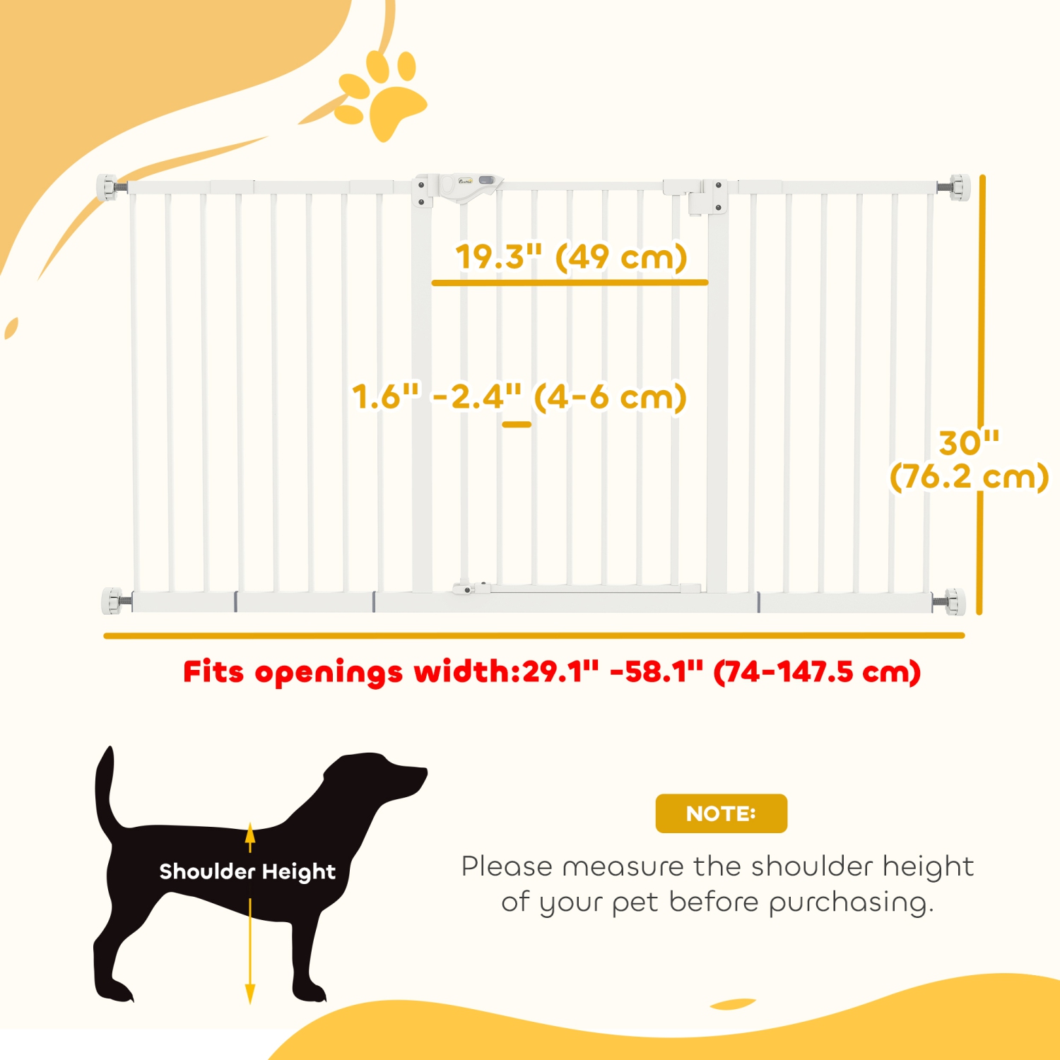 PawHut 29"-58" Wide Pet Gate with Door Dog Gate and Barrier Indoor for Stairs Includes 7", 8", 12" Extensions Kit, 30 Inch Tall Pressure-Mounted