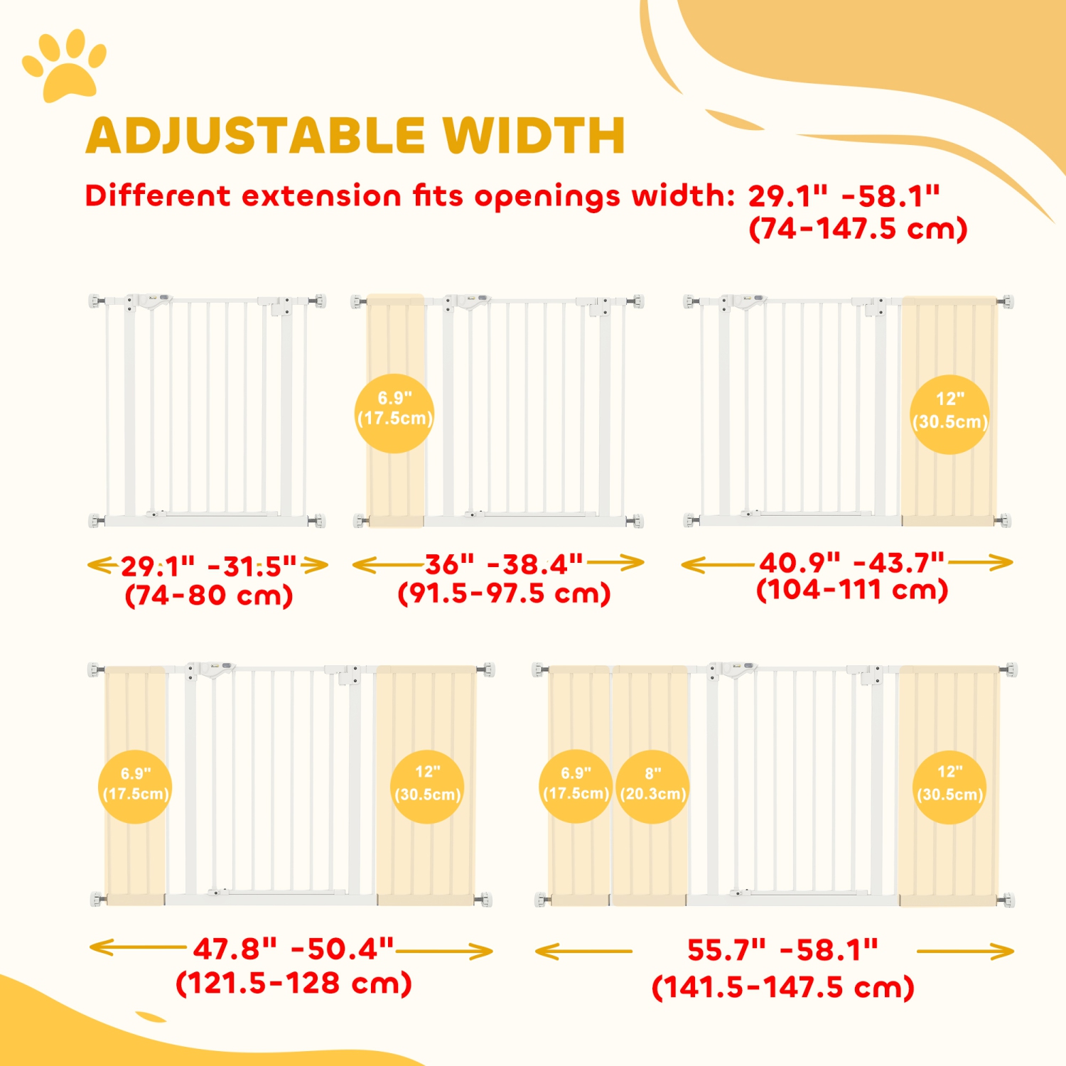 PawHut 29"-58" Wide Pet Gate with Door Dog Gate and Barrier Indoor for Stairs Includes 7", 8", 12" Extensions Kit, 30 Inch Tall Pressure-Mounted