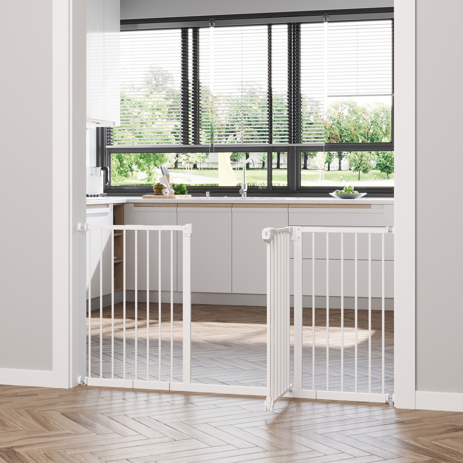 PawHut 29"-58" Wide Pet Gate with Door Dog Gate and Barrier Indoor for Stairs Includes 7", 8", 12" Extensions Kit, 30 Inch Tall Pressure-Mounted