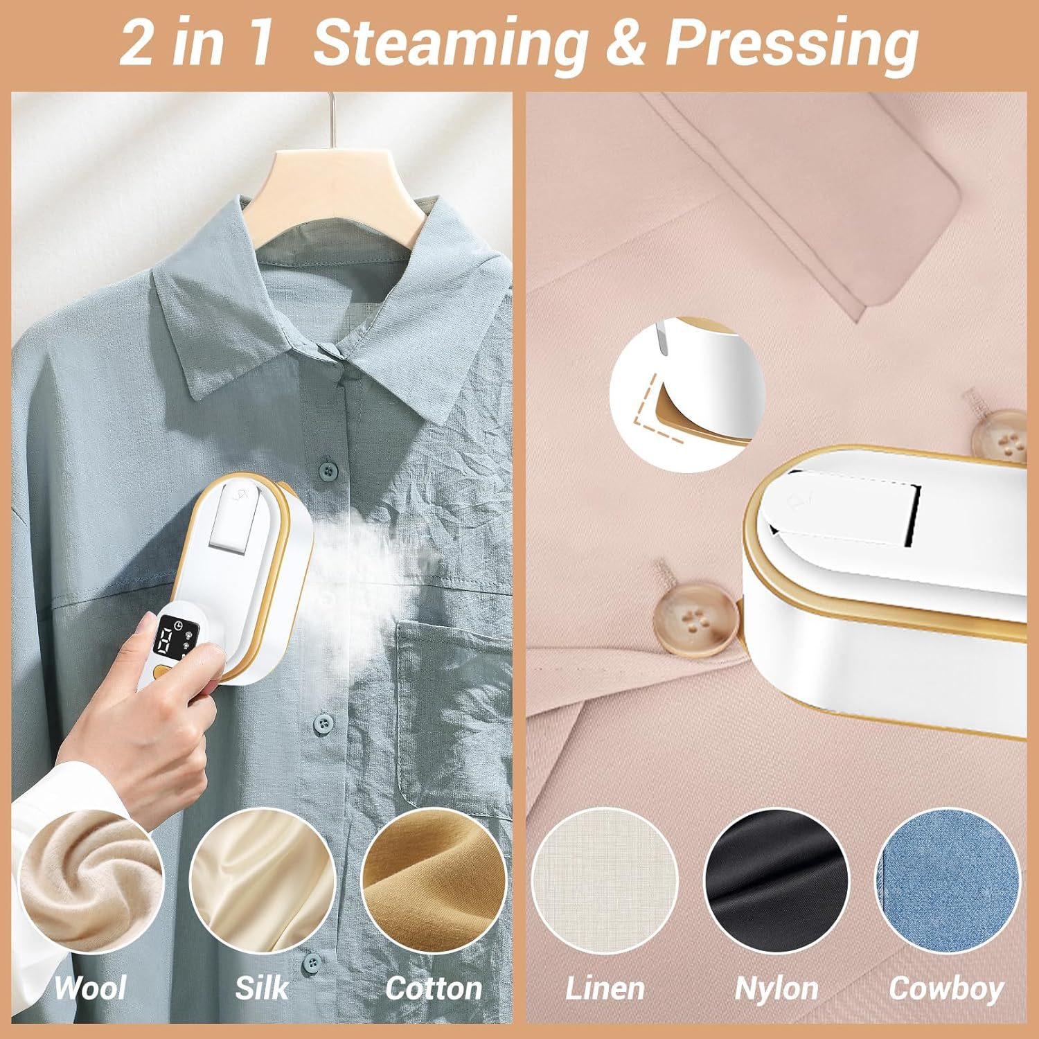 1200W Home Handheld Garment Steamer, Small Steam Iron, High Steam, Wet and Dry Ironing, Three Temperature Settings, LED Digital Display, Portable and