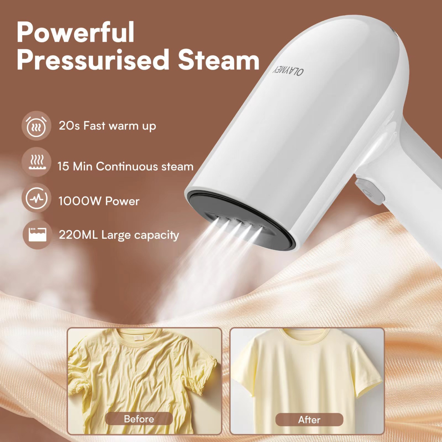 Portable Handheld Garment Steamer with 1000W Supercharged Steam and 220ml Capacity, 20-Second Rapid Heat, 360° Leak-Proof, Suitable for Multiple