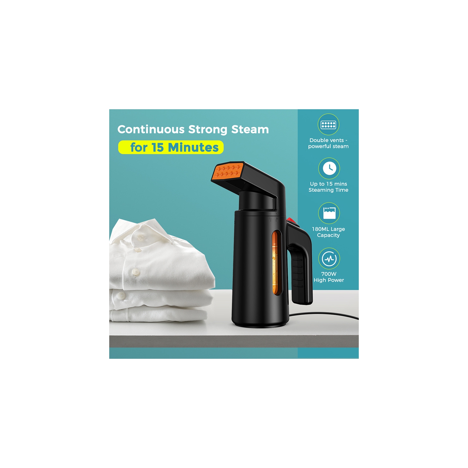 Défroisseur à vapeur portatif, vapeur sèche/humide 700&nbsp;W, réservoir d'eau 180&nbsp;ml, deux évents de vapeur, repassage puissant Convient à
