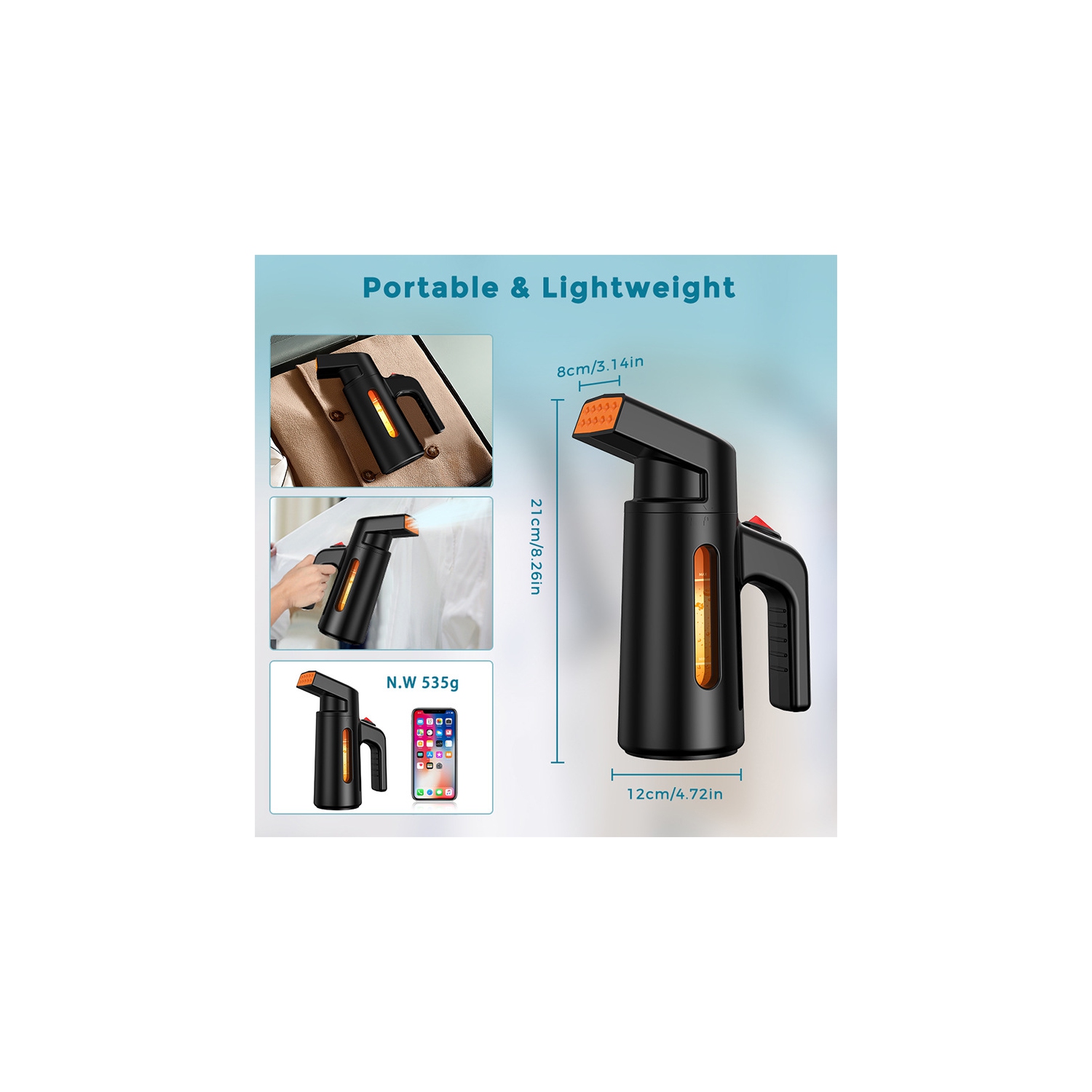 Défroisseur à vapeur portatif, vapeur sèche/humide 700&nbsp;W, réservoir d'eau 180&nbsp;ml, deux évents de vapeur, repassage puissant Convient à