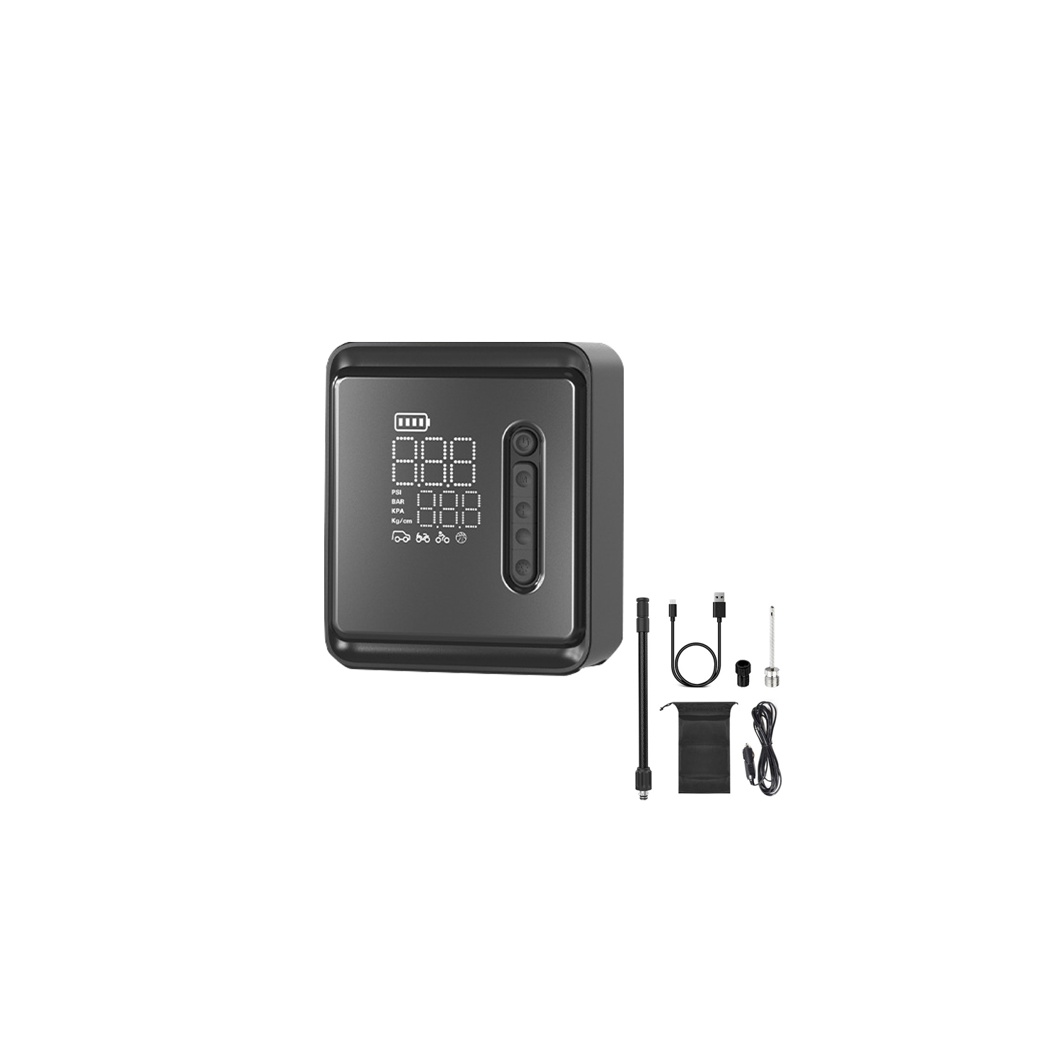 Multifunctional electric air pump with intelligent digital tire pressure display for cars, motorcycles, sports cars, etc. Dual power supply + LED