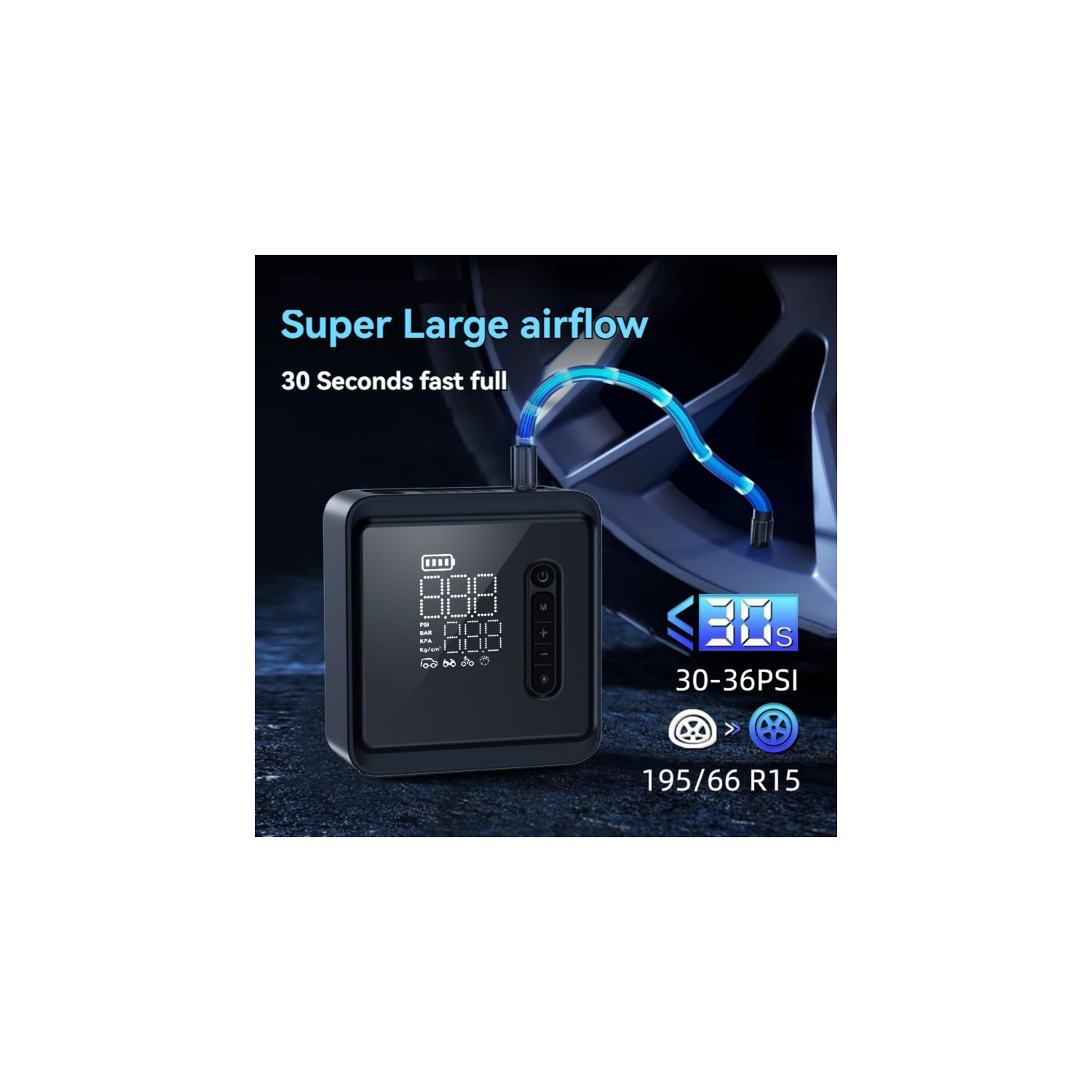 Multifunctional electric air pump with intelligent digital tire pressure display for cars, motorcycles, sports cars, etc. Dual power supply + LED