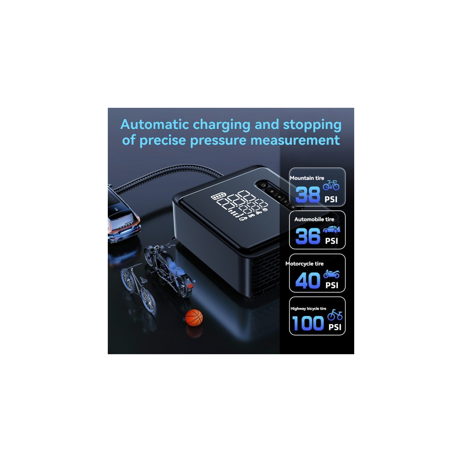 Multifunctional electric air pump with intelligent digital tire pressure display for cars, motorcycles, sports cars, etc. Dual power supply + LED