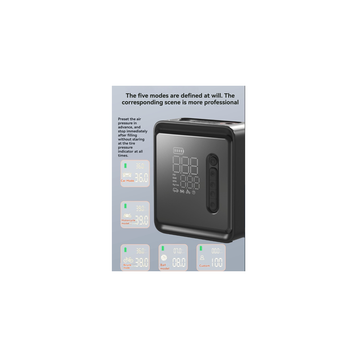 Multifunctional electric air pump with intelligent digital tire pressure display for cars, motorcycles, sports cars, etc. Dual power supply + LED