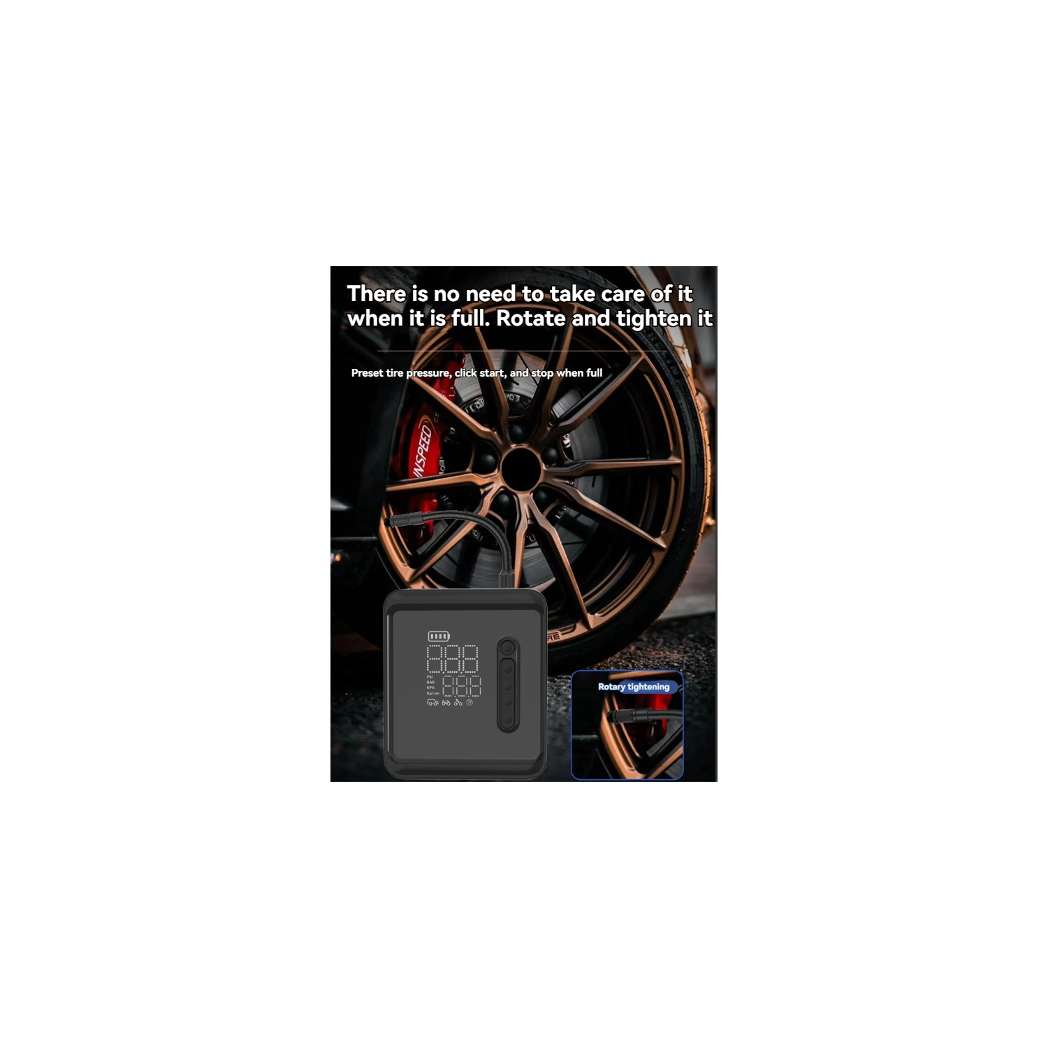 Multifunctional electric air pump with intelligent digital tire pressure display for cars, motorcycles, sports cars, etc. Dual power supply + LED