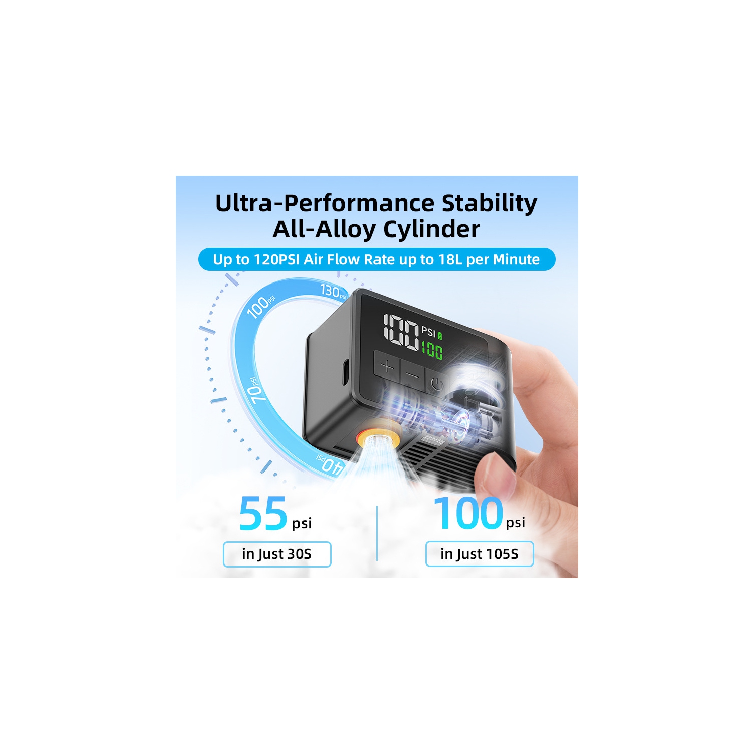 Mini pompe pour vélo avec 120&nbsp;lb/po² haute pression, gonflage ultra-rapide, surveillance numérique de la pression des pneus, chargement USB-C,