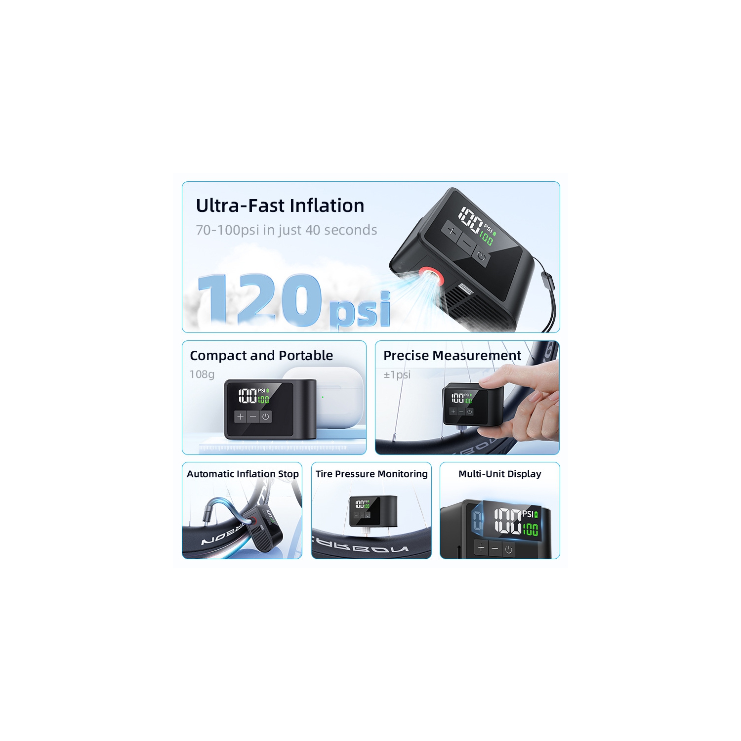 Mini pompe pour vélo avec 120&nbsp;lb/po² haute pression, gonflage ultra-rapide, surveillance numérique de la pression des pneus, chargement USB-C,