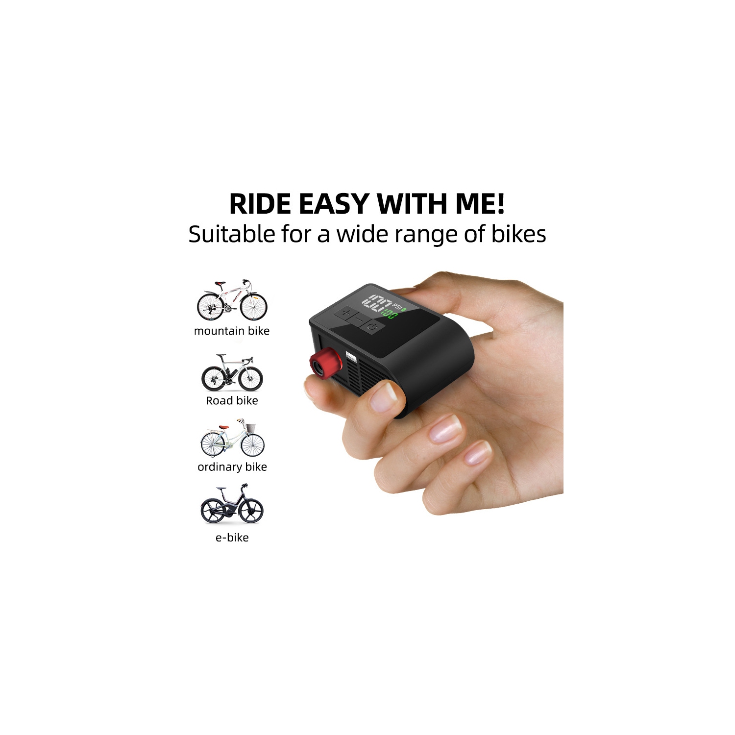 Mini pompe pour vélo avec 120&nbsp;lb/po² haute pression, gonflage ultra-rapide, surveillance numérique de la pression des pneus, chargement USB-C,