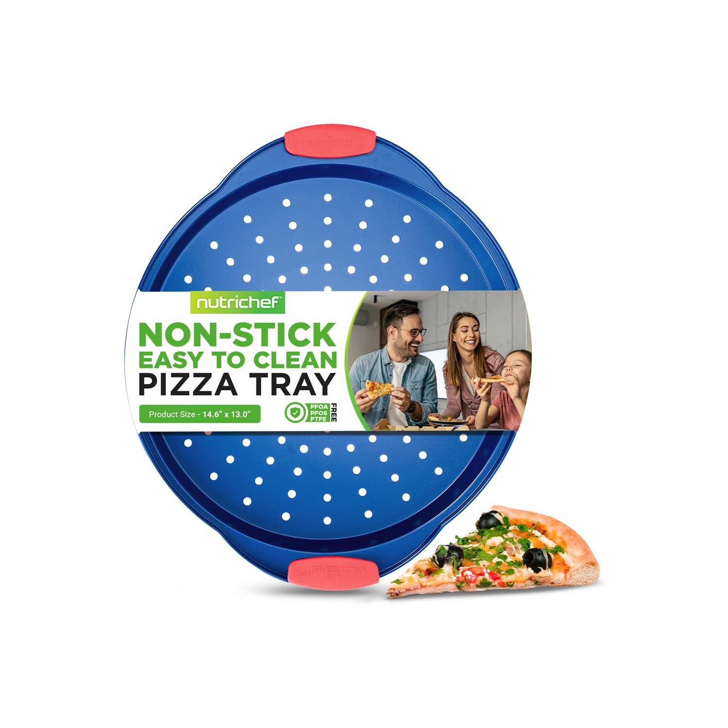 Plaque à pizza antiadhésive de 14&nbsp;po, plaque de cuisson en acier au carbone bleu avec poignées en silicone rouge, articles de cuisson en métal