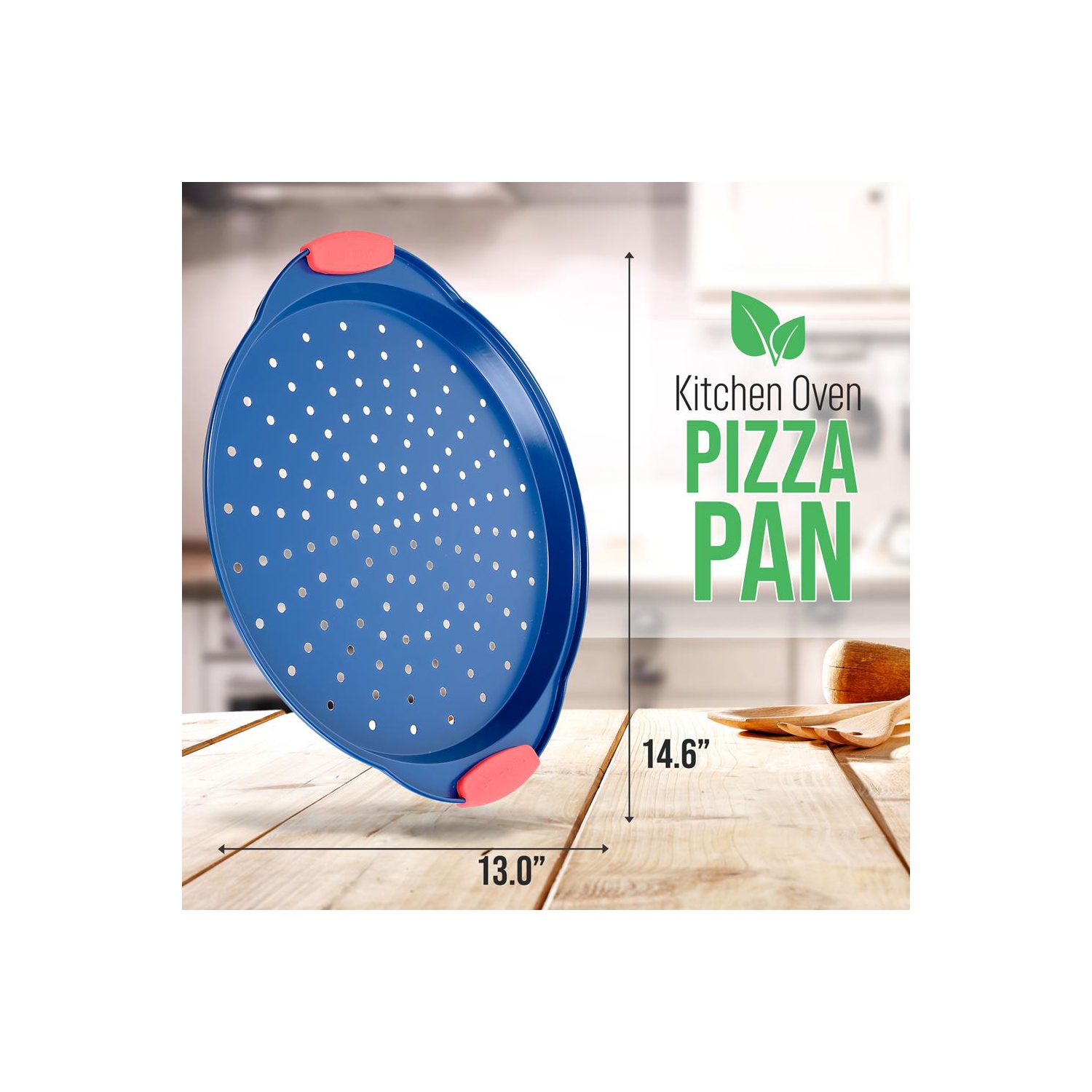 Plaque à pizza antiadhésive de 14&nbsp;po, plaque de cuisson en acier au carbone bleu avec poignées en silicone rouge, articles de cuisson en métal