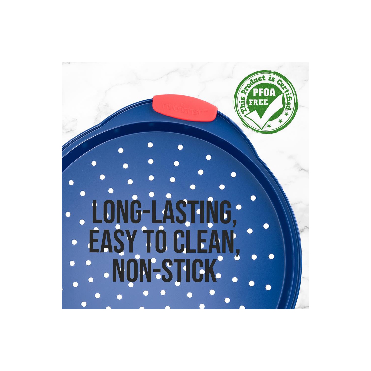 Plaque à pizza antiadhésive de 14&nbsp;po, plaque de cuisson en acier au carbone bleu avec poignées en silicone rouge, articles de cuisson en métal