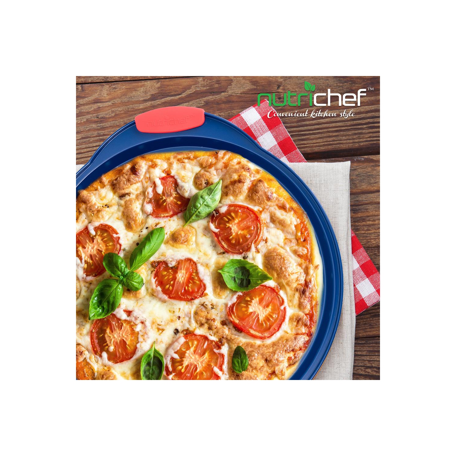 Plaque à pizza antiadhésive de 14&nbsp;po, plaque de cuisson en acier au carbone bleu avec poignées en silicone rouge, articles de cuisson en métal