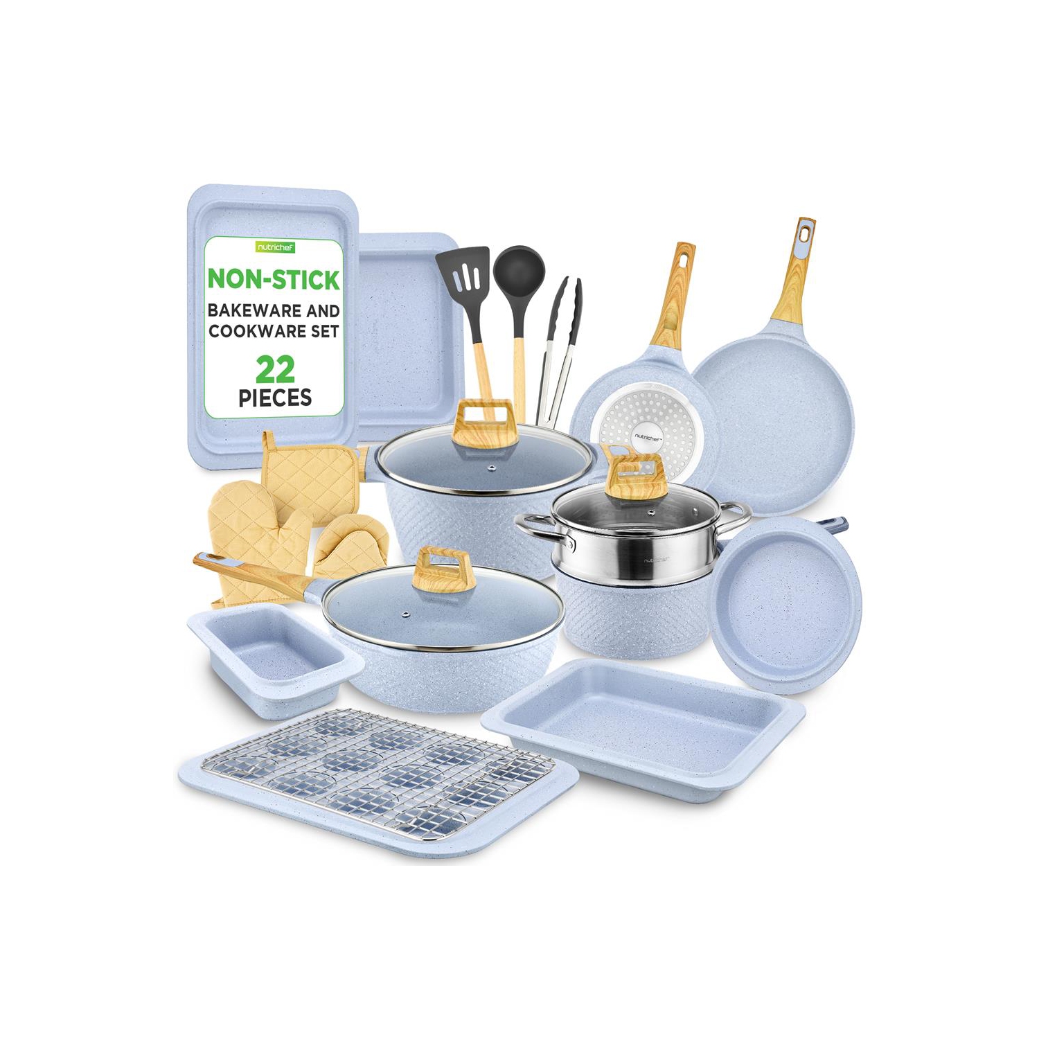 Nutrichef 22-Piece Induction Cookware and Bakeware Set Professional Home Kitchen Collection with Multi-Sized Pots, Pans, Non Stick and Heat-Resistant