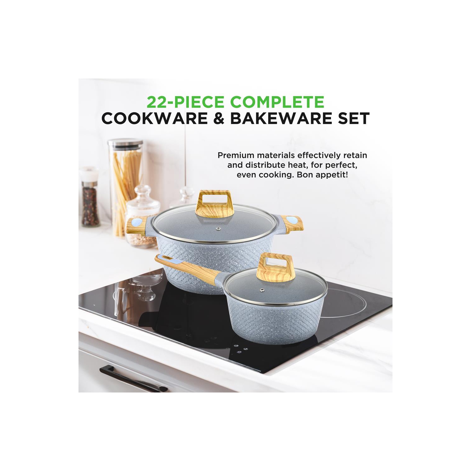 Nutrichef 22-Piece Induction Cookware and Bakeware Set Professional Home Kitchen Collection with Multi-Sized Pots, Pans, Non Stick and Heat-Resistant