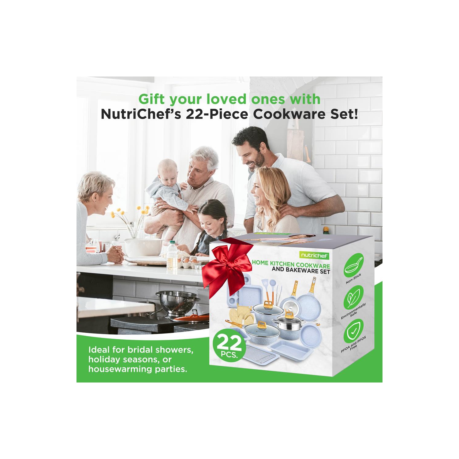 Nutrichef 22-Piece Induction Cookware and Bakeware Set Professional Home Kitchen Collection with Multi-Sized Pots, Pans, Non Stick and Heat-Resistant